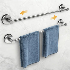 QQK towel rack shows adjustable length from 14 to 24 inches, improving bathroom towel organization.