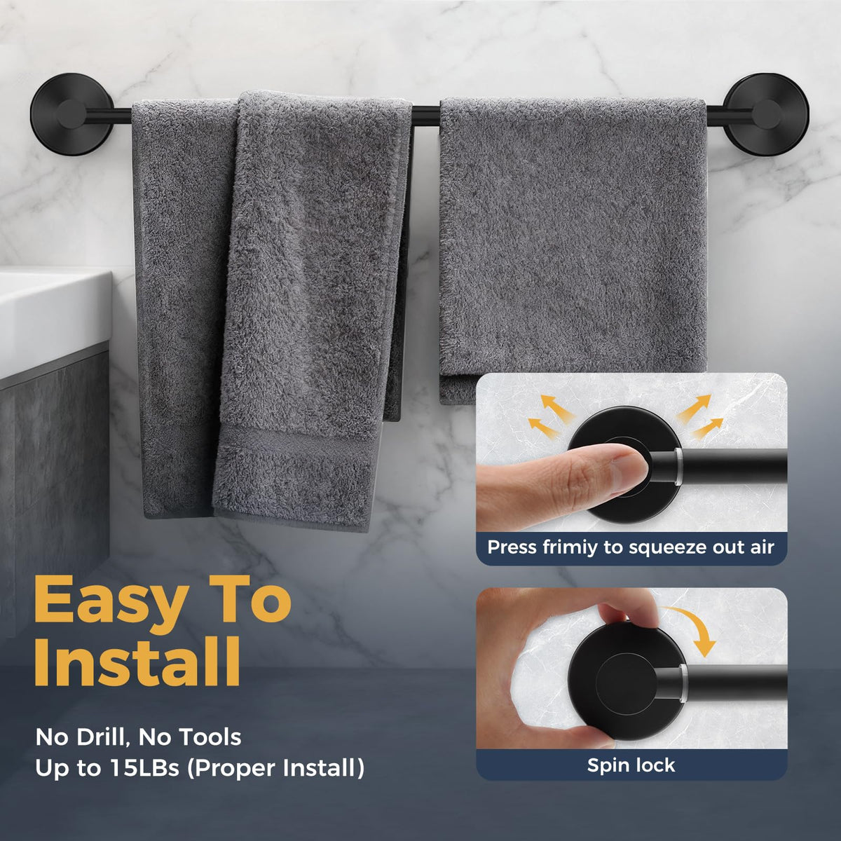 QQK towel rack adjustable length shows 14.6 to 24 inch versatility for towels.