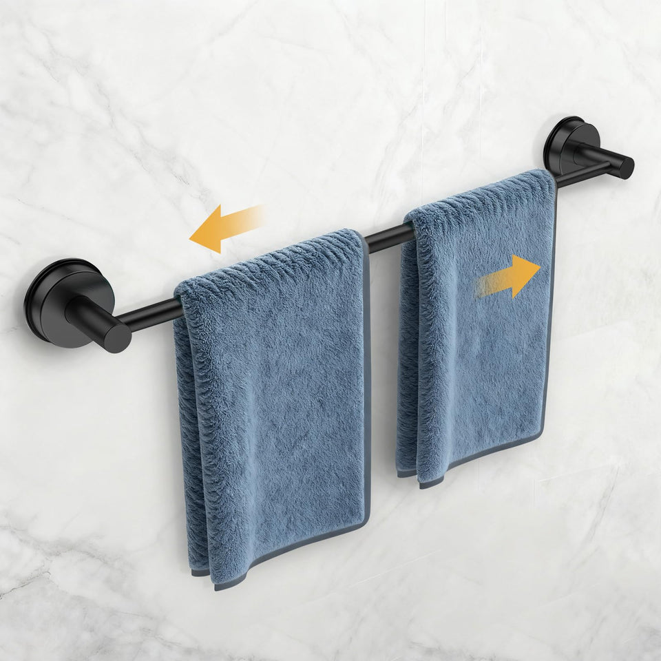 QQK towel rack full product view highlights matte black stainless steel for durable bathroom storage.