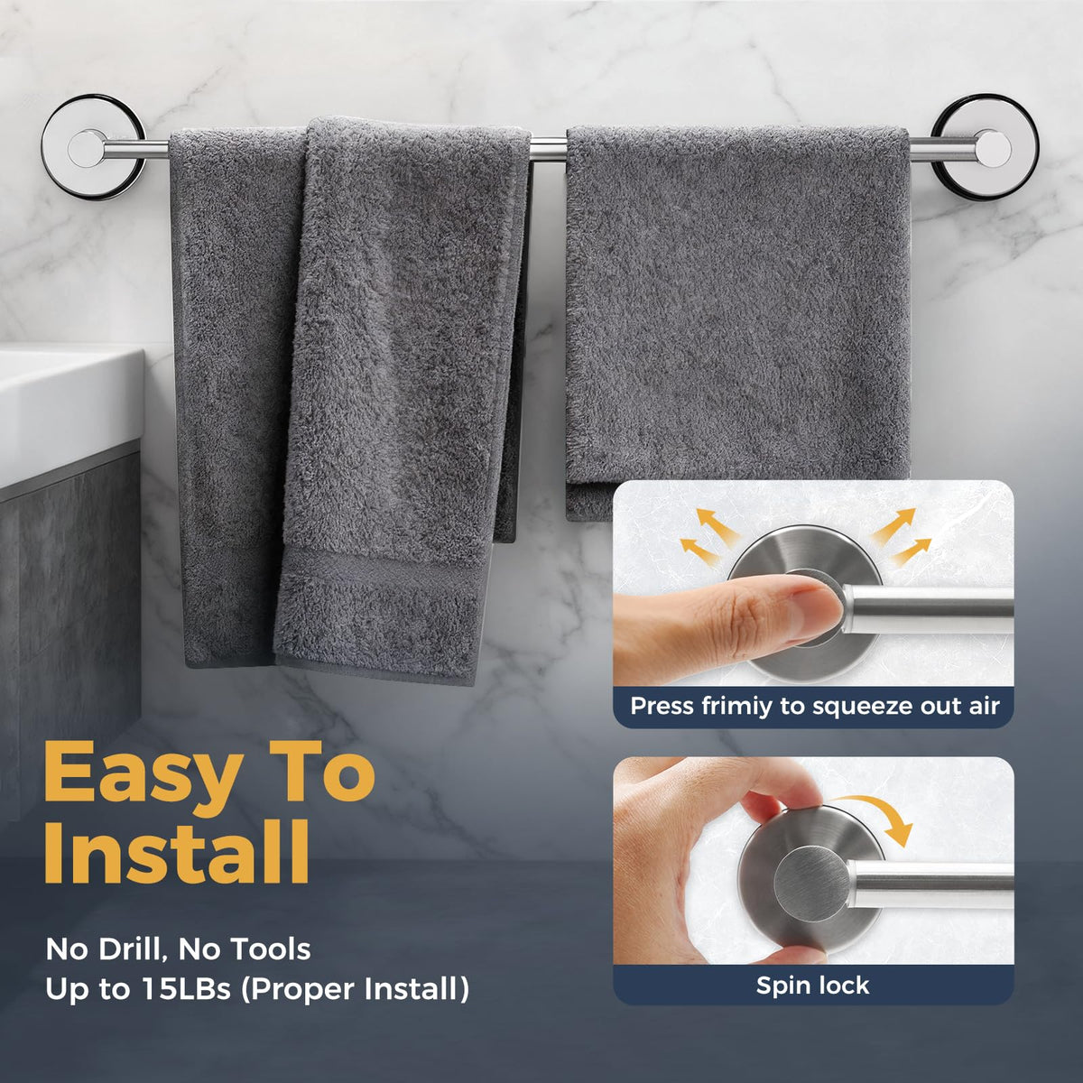 QQK brushed silver stainless steel towel rack for durable, rust-resistant bathroom storage.