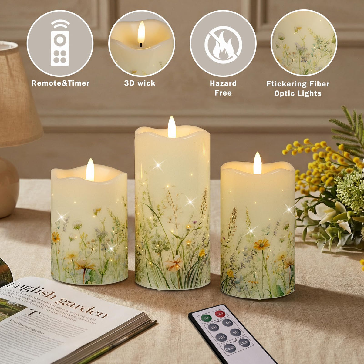 QRF flameless candles three sizes for versatile display arrangements.