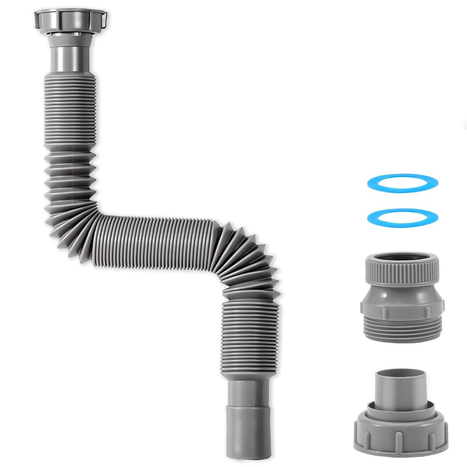 QruiLanTu flexible drain hose extended to 42in for versatile kitchen and bath drainage.