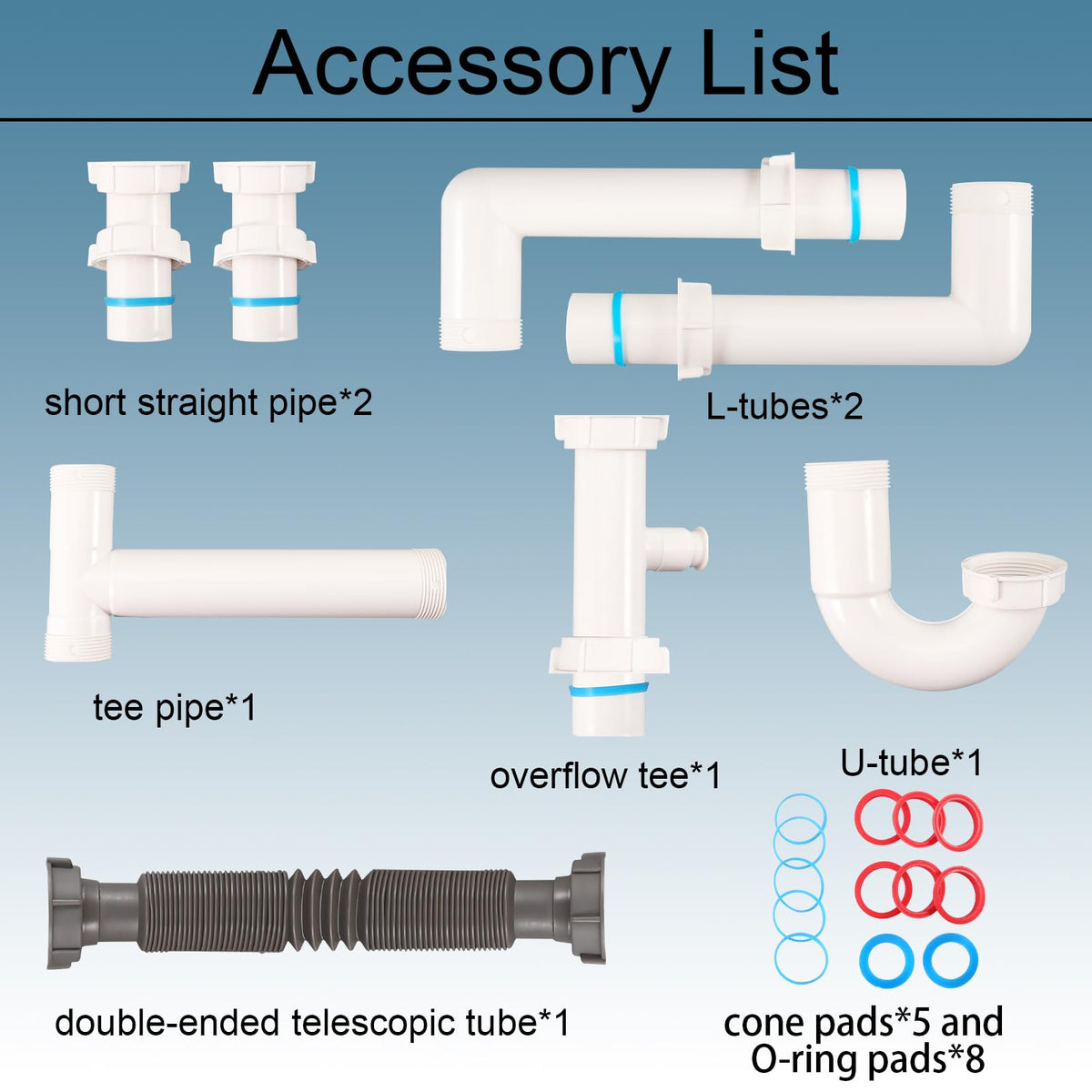 QruiLanTu universal drain kit overflow tee illustrating multi-sink compatibility