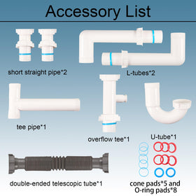 QruiLanTu universal drain kit overflow tee illustrating multi-sink compatibility