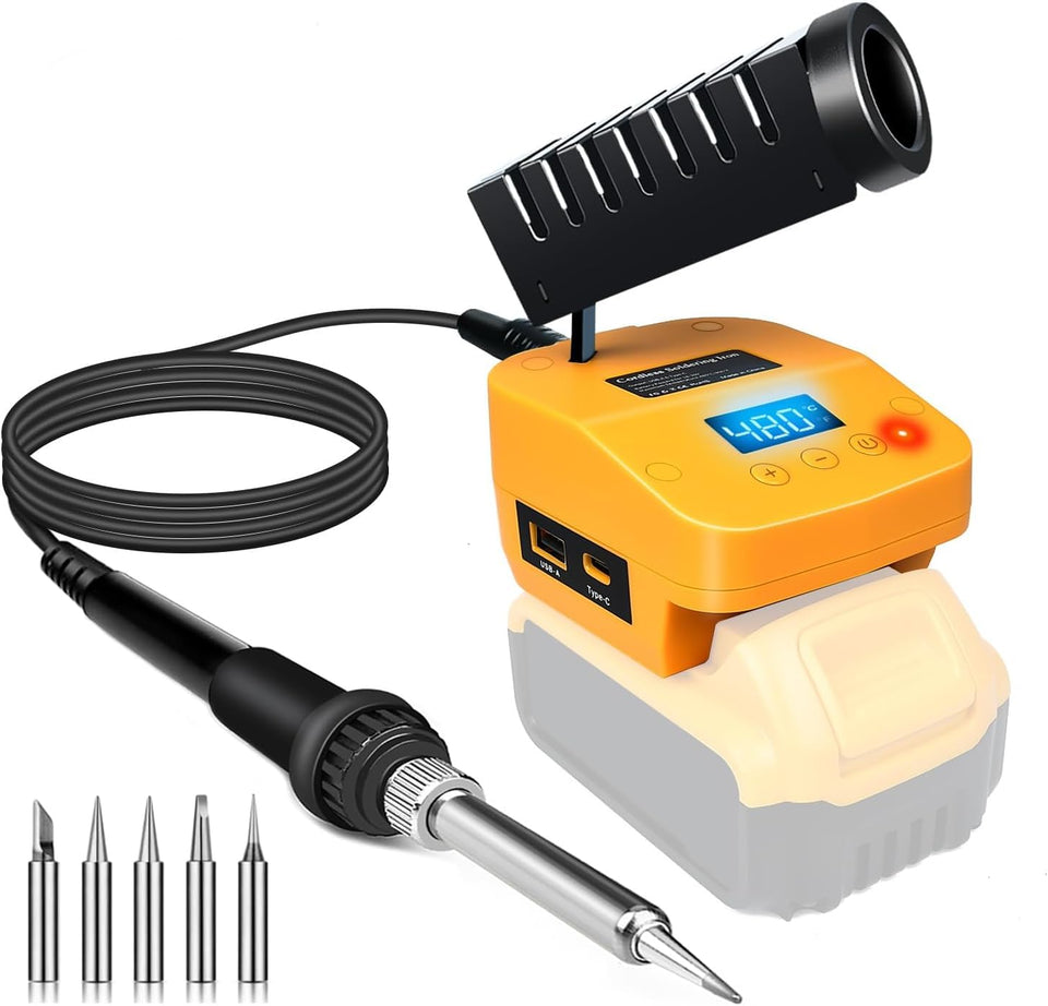 QSDXNYDC cordless soldering station front view shows Dewalt 20V compatibility for field repairs.