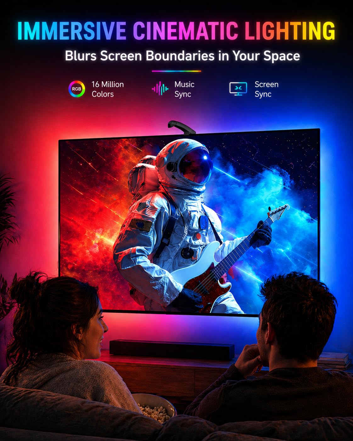 QTU ambient RGB strip enhances room ambiance for 55-65 inch TVs.