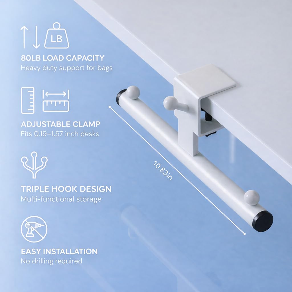 Qtyhod adjustable desk hook demonstrates tool-free setup and secure attachment