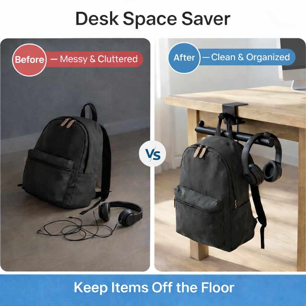 Qtyhod heavy-duty desk backpack hanger clips on quickly for fast daily organization
