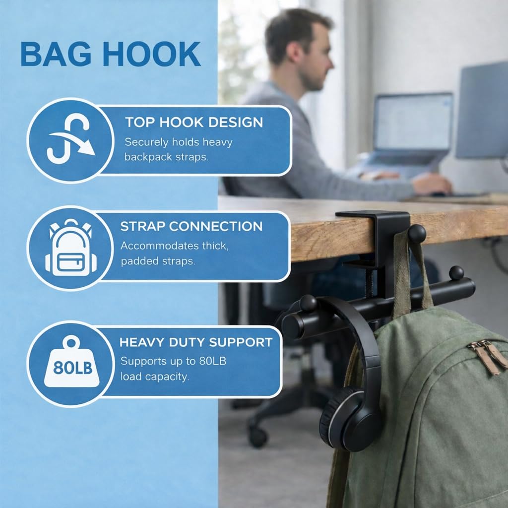 Qtyhod heavy-duty desk backpack hanger features non-slip cotton pads to protect surfaces