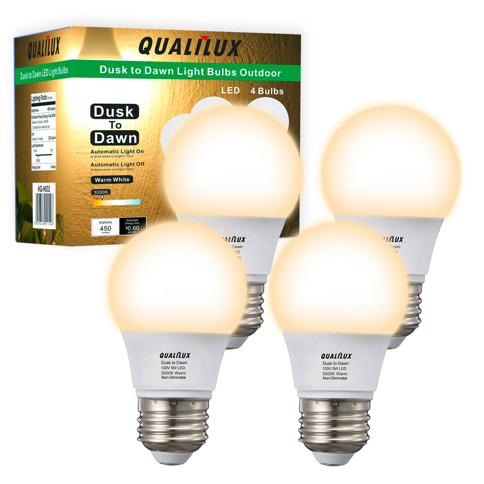 Qualilux A15 outdoor dusk-to-dawn bulb on a porch providing automatic evening lighting