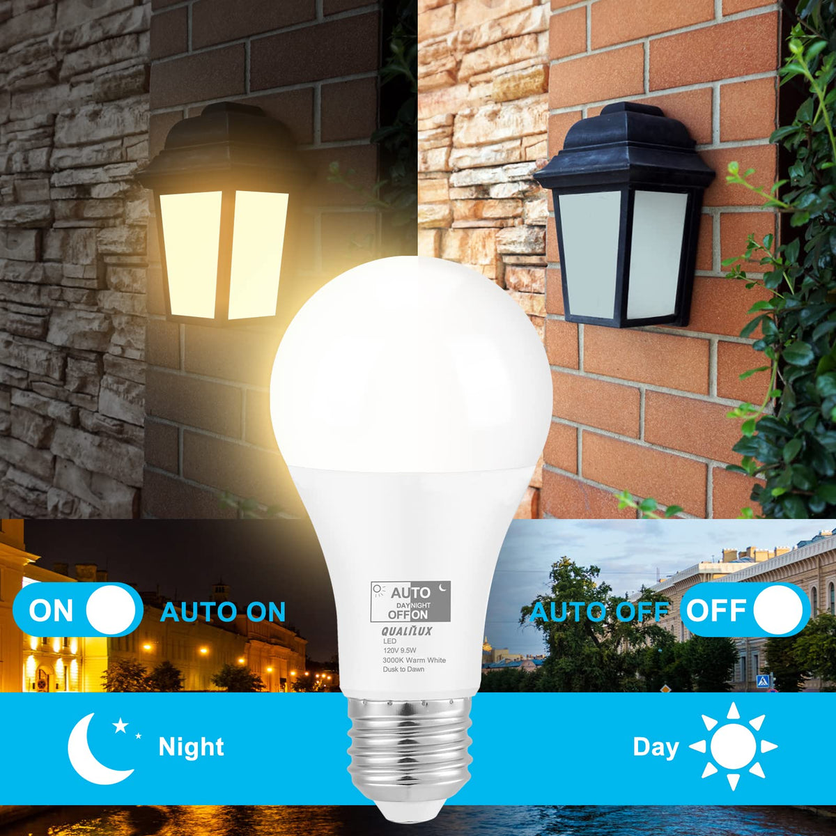 Qualilux auto on/off bulbs fit outdoor fixtures with frost shade for easy operation.