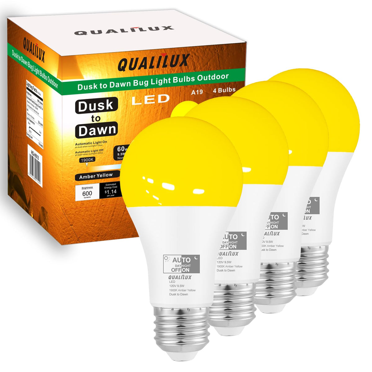 Qualilux Dusk to Dawn bug-light outdoor amber 1900K keeps insects at bay while lighting your patio.