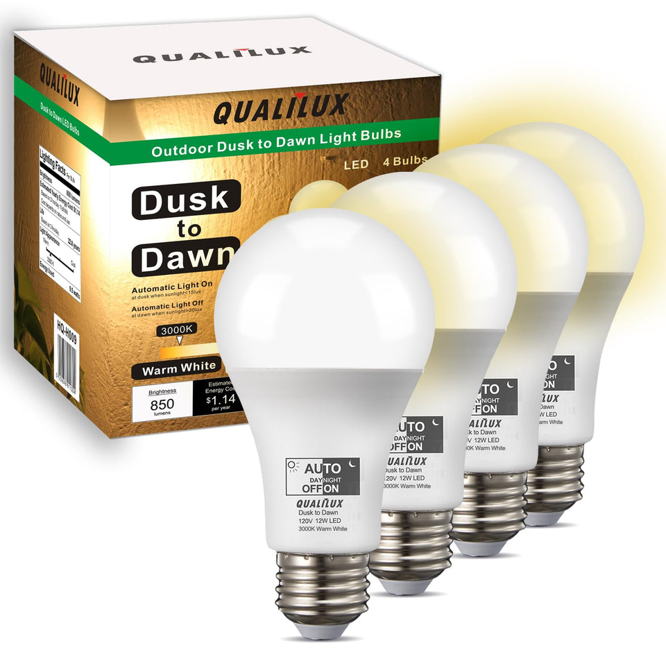 Qualilux Dusk to Dawn outdoor bulbs illuminate automatically at dusk for hassle-free lighting.