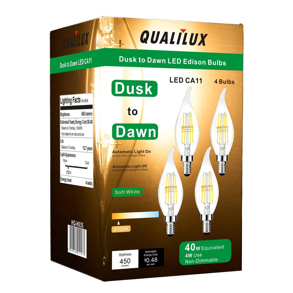Qualilux dusk-to-dawn outdoor CA11 glass LED bulb lights porch automatically