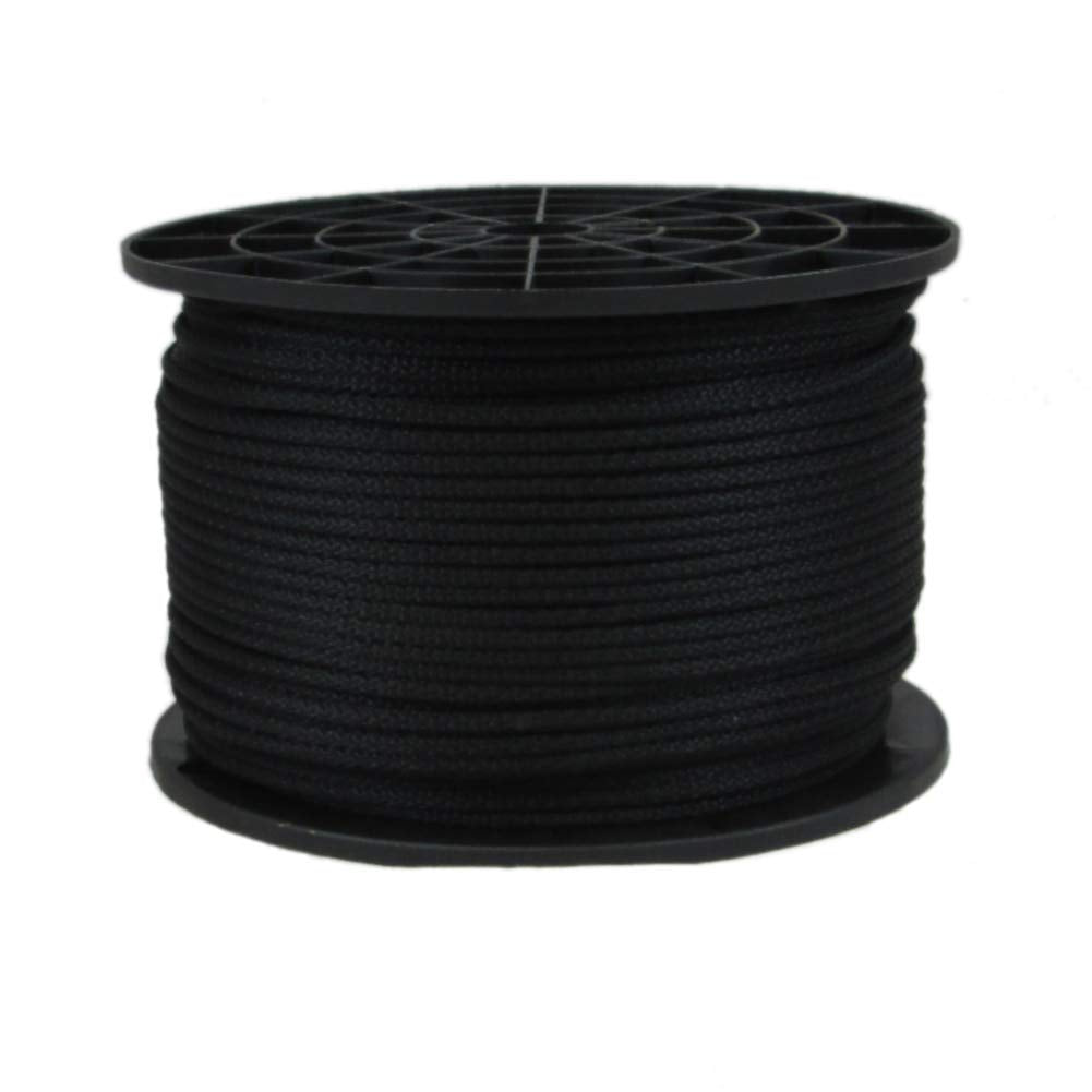 Quality Nylon Rope QNR 1/8 inch black polyester cord on a spool, ideal for outdoor use and knots