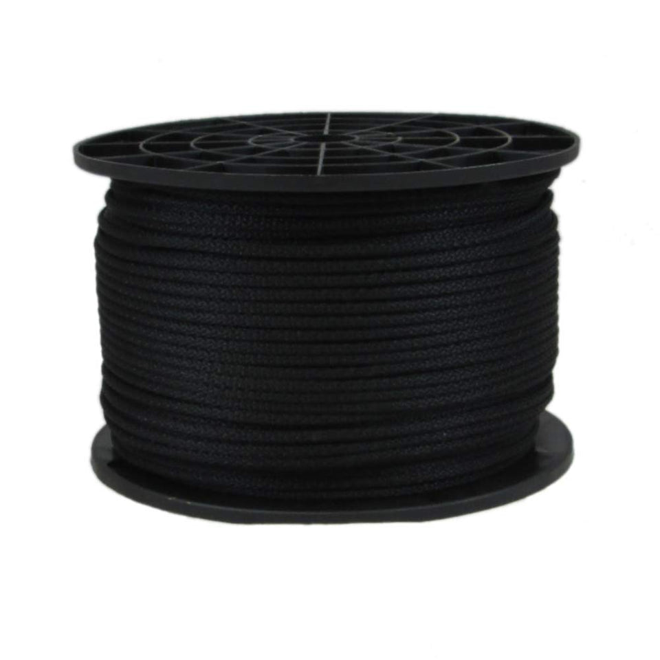 Quality Nylon Rope QNR 1/8 inch black polyester cord on a spool, ideal for outdoor use and knots