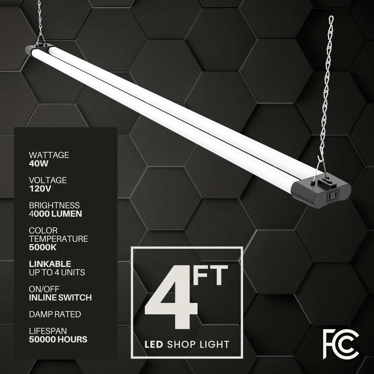 Quarterback 4FT LED shop light suspension mount for flexible workshop lighting.