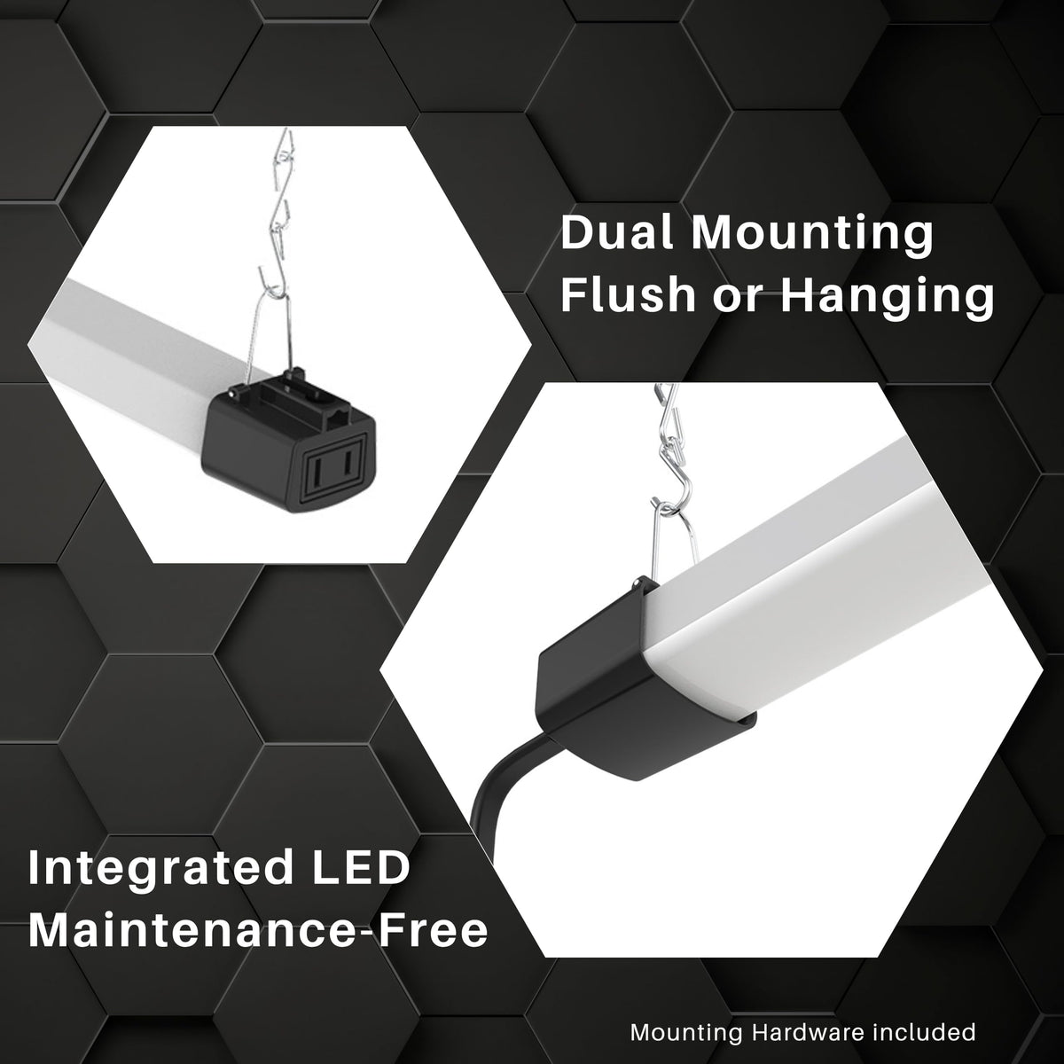 Quarterback shop light installs easily on surfaces or hanging hooks.