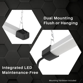 Quarterback shop light installs easily on surfaces or hanging hooks.