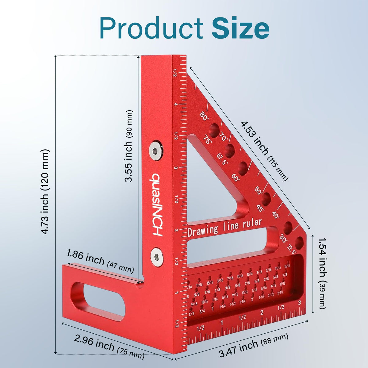 Quasinch angle-pin ruler with included hardware speeds setup and accuracy.