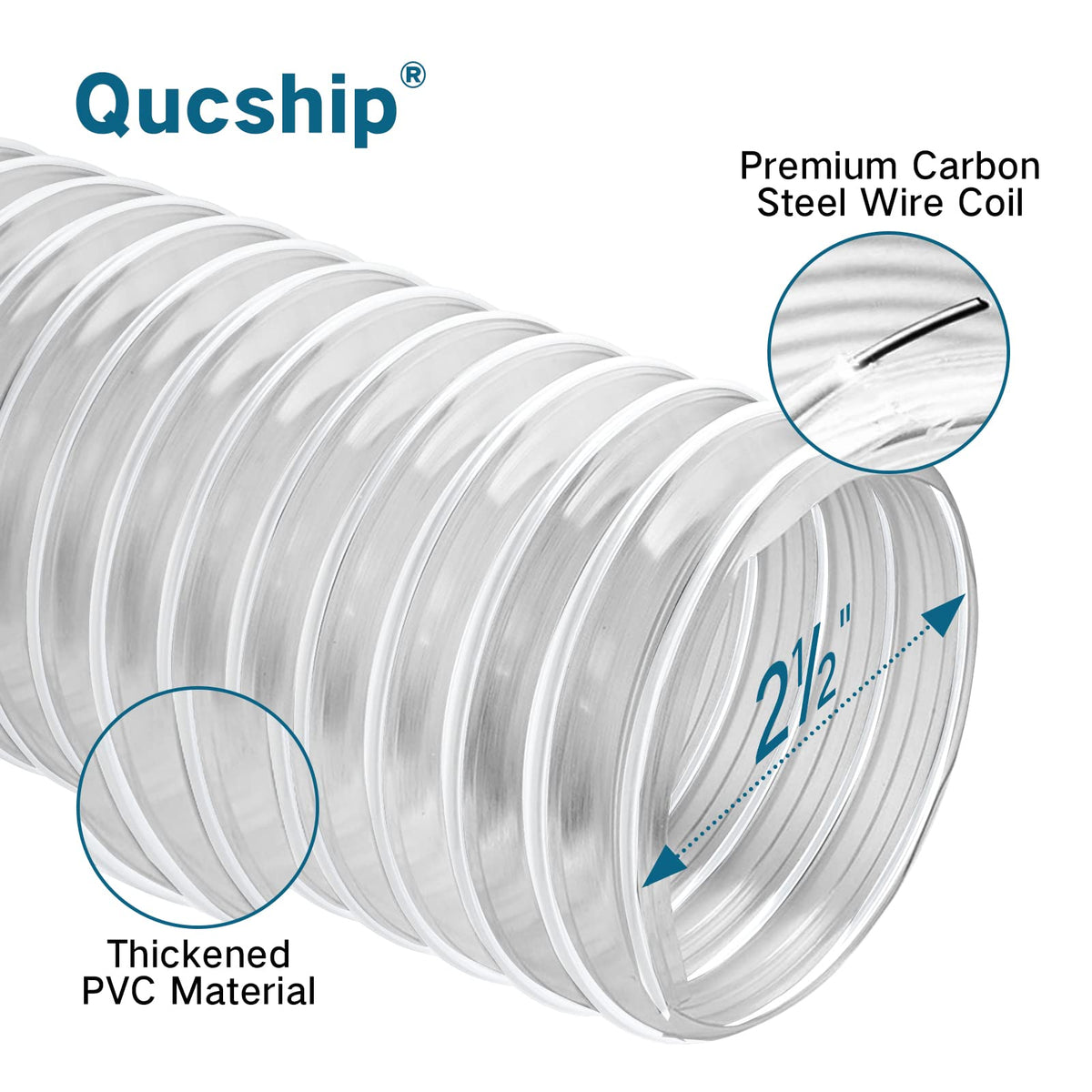 Qucship clear PVC dust hose showing visibility for quick clog checks during woodworking.
