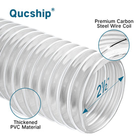 Qucship clear PVC dust hose showing visibility for quick clog checks during woodworking.