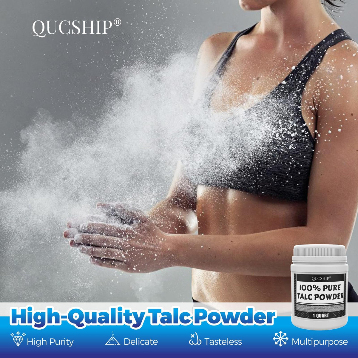 Qucship Odorless Talc Application showing a clean feel during workouts.
