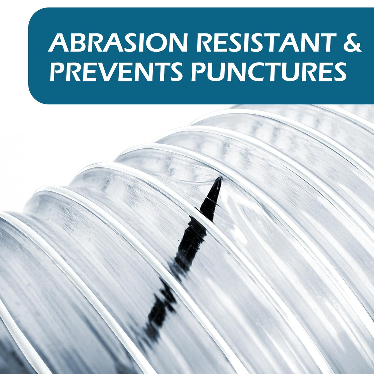 Qucship puncture-resistant PVC material hose, side angle shows toughness against wood dust.
