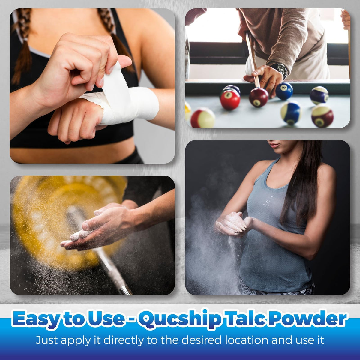 Qucship Sweat-Absorbent Talc demonstrates quick moisture control for active wear.