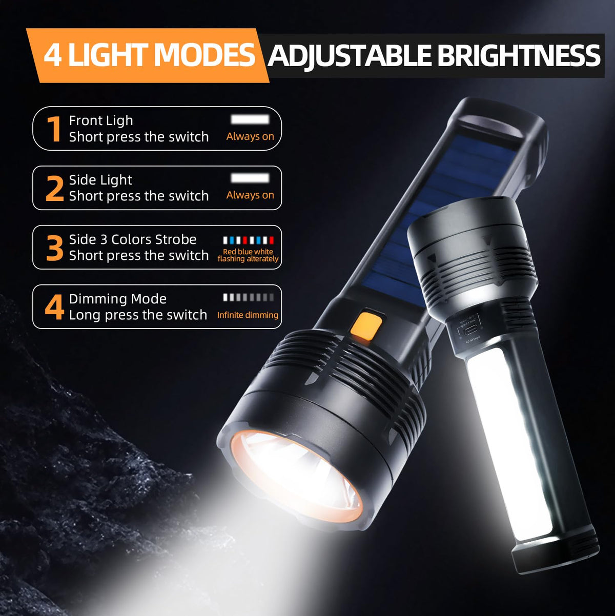 Queena 2 Pack LED Flashlight SOS strobe aids signaling in emergencies outdoors.