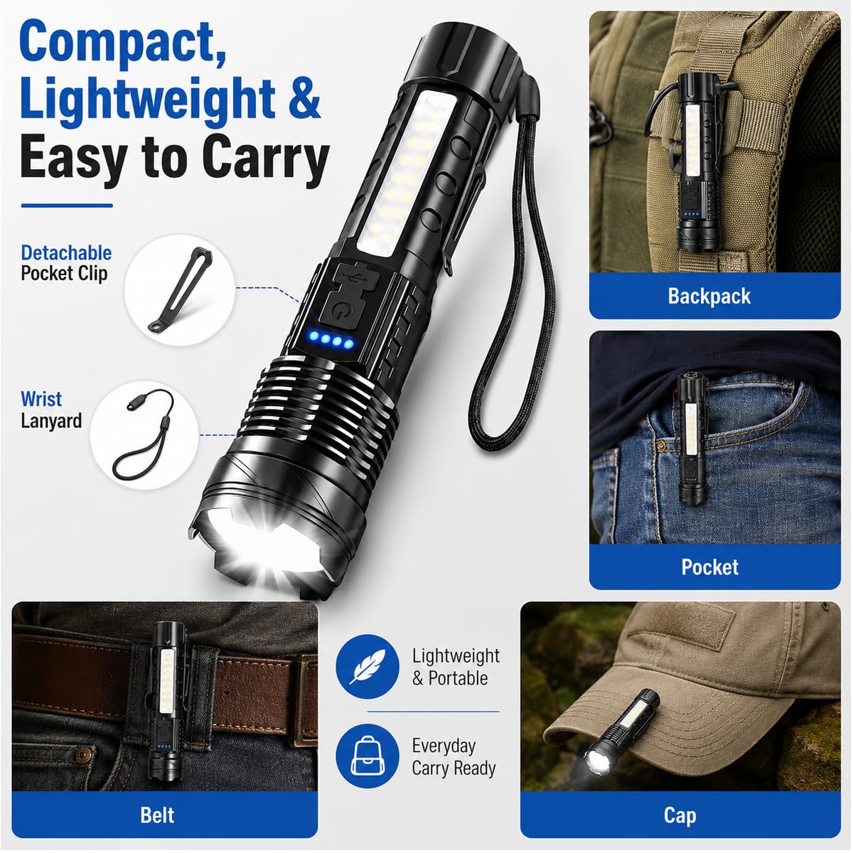 Queena 7mode flashlight for versatile scenarios and signaling