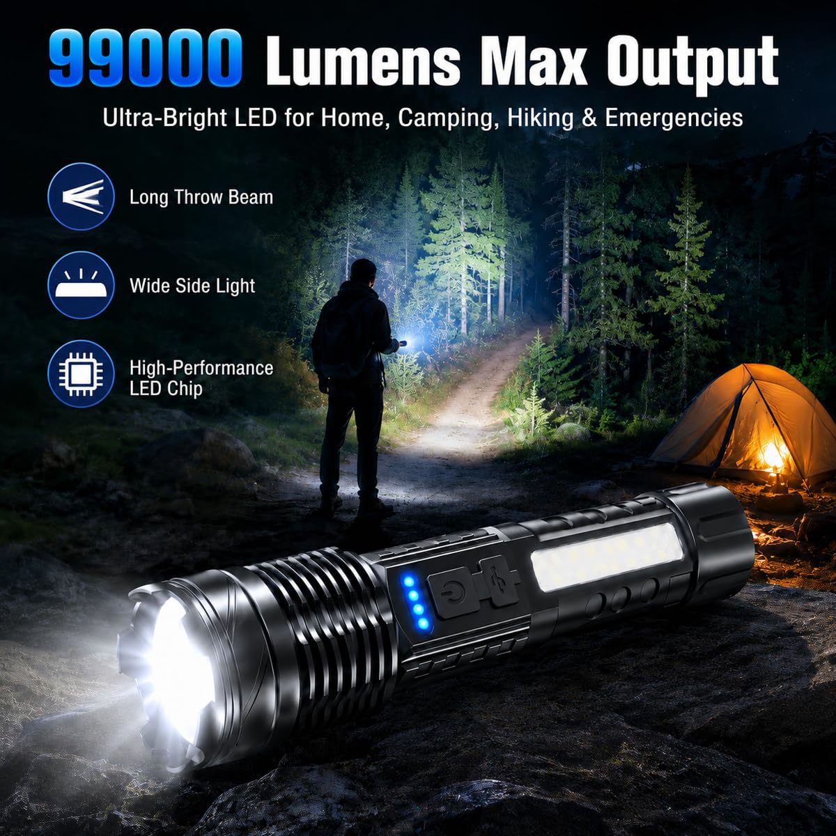 Queena flashlight with telescopic adjustable beam for focused lighting