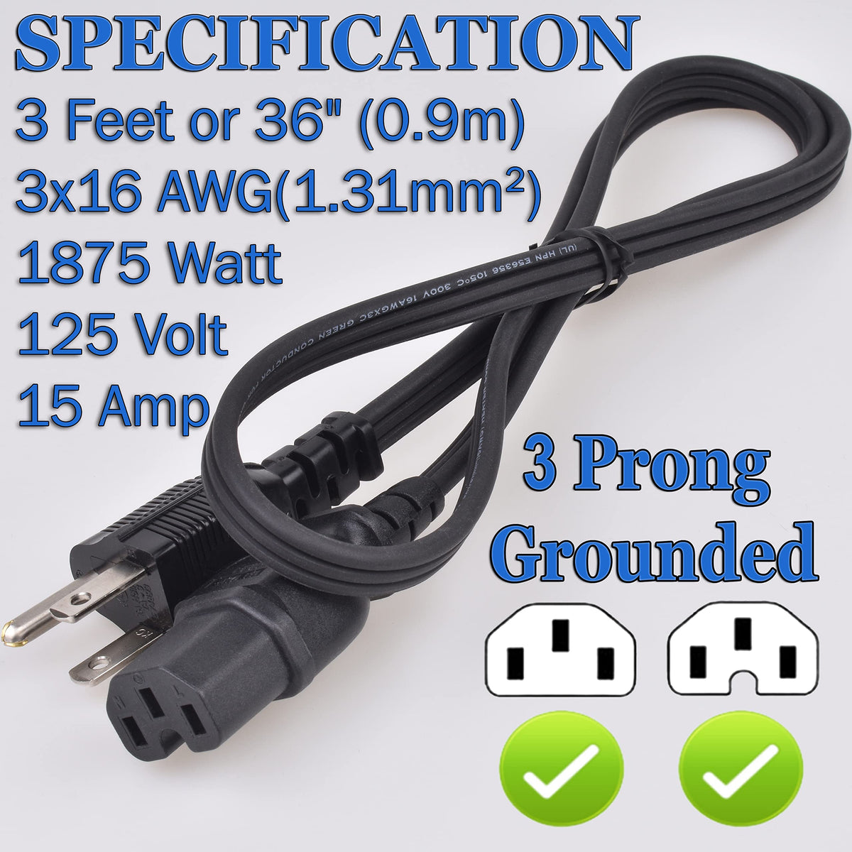 Queensell heavy-duty 16AWG cord keeps high-demand devices safely powered.