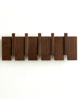 QUELLANCE wood coat rack wall mount with five flip-down hooks for organized entryways