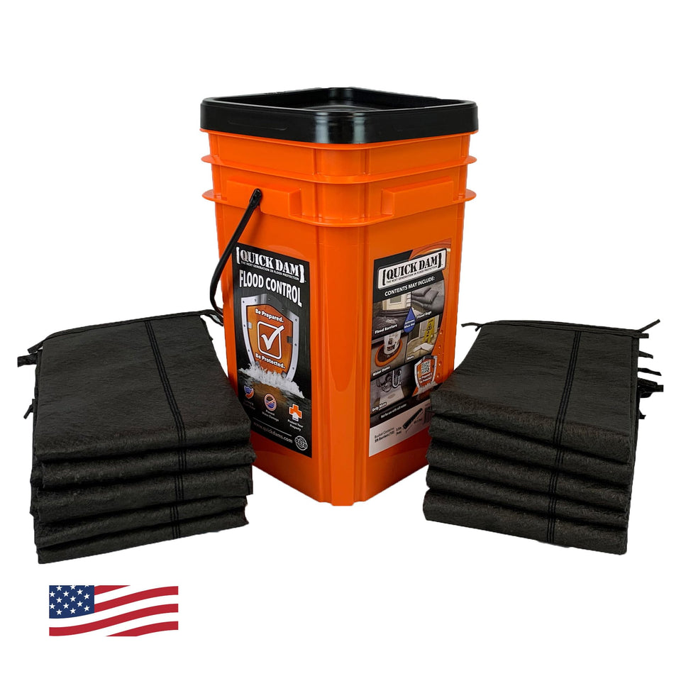 Quick Dam Grab and Go Bucket with 5 ft barriers for fast door protection.