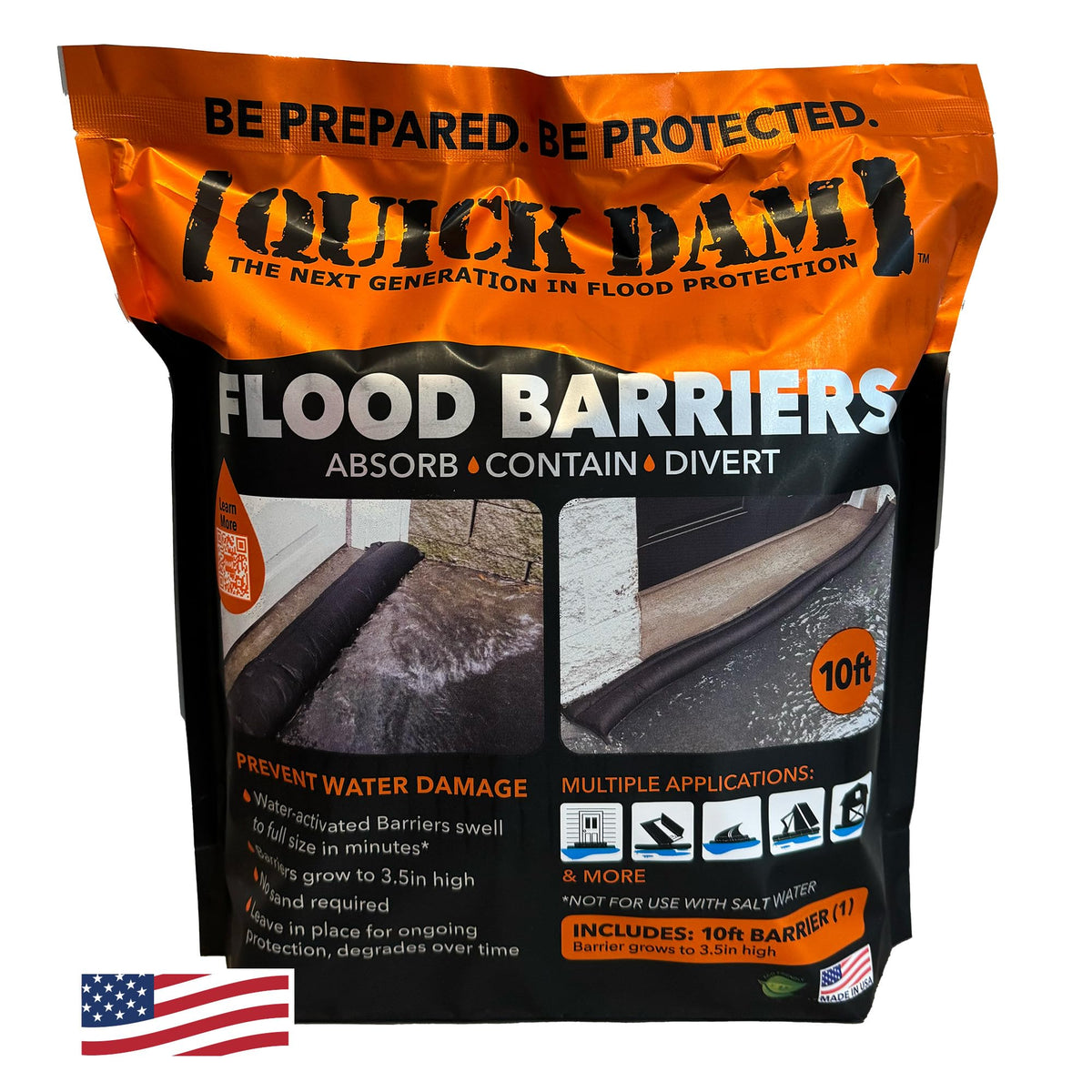 Quick Dam QD610-1 water-activated barrier expands to block flood water at doorways.