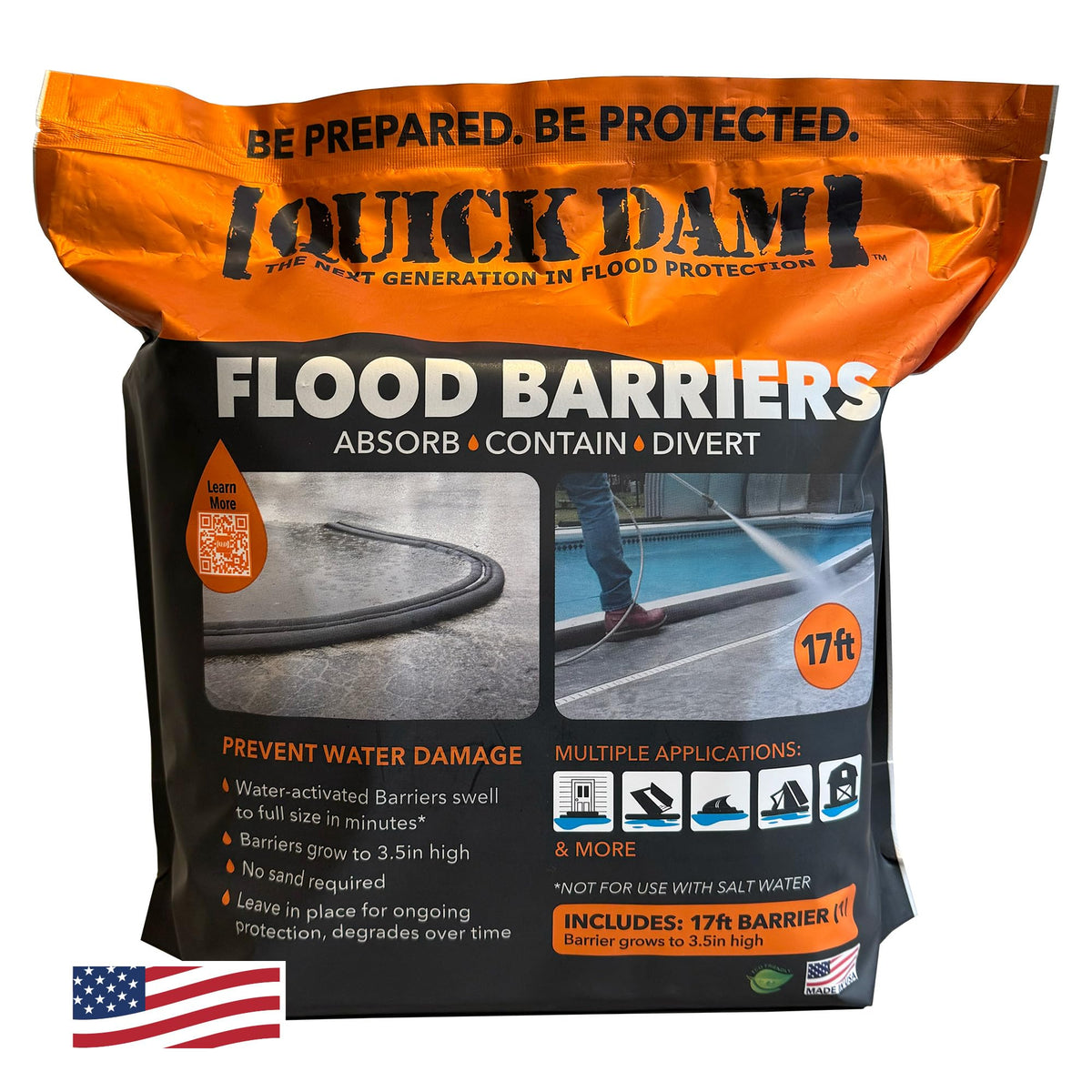 Quick Dam QD617-1 water-activated flood barrier 17ft ready to defend doorways from rising water