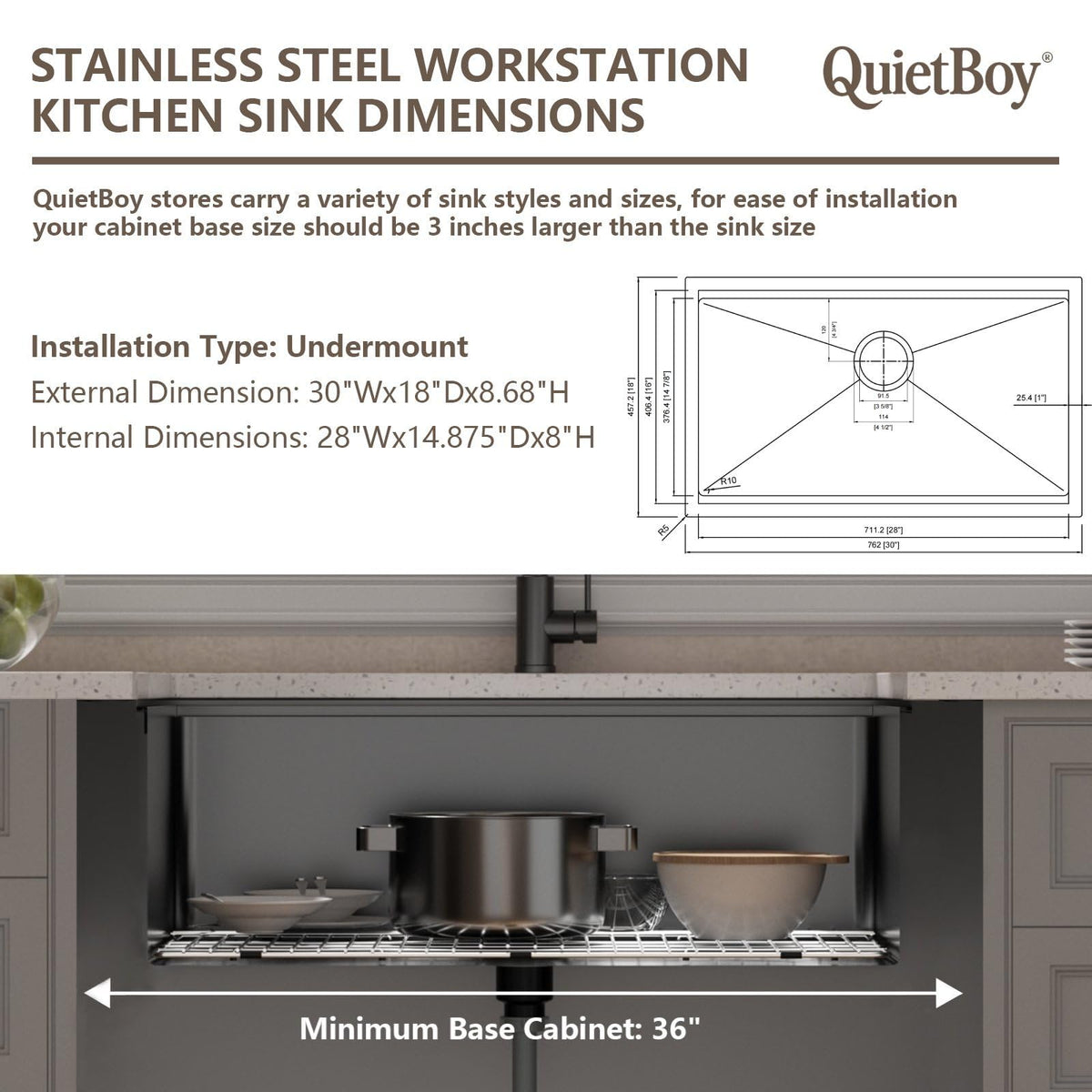 QuietBoy high-arc faucet with pull-down spray enables easier cleanup.