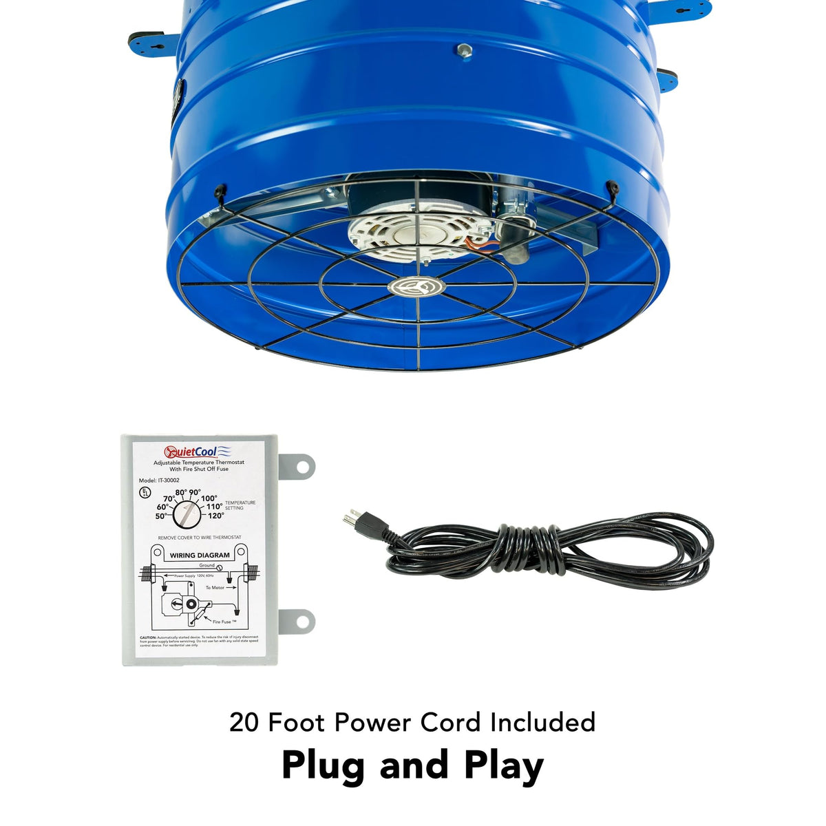 Quietcool AFG PRO-2.0 thermostat-adjustable controls temperature for attic comfort.