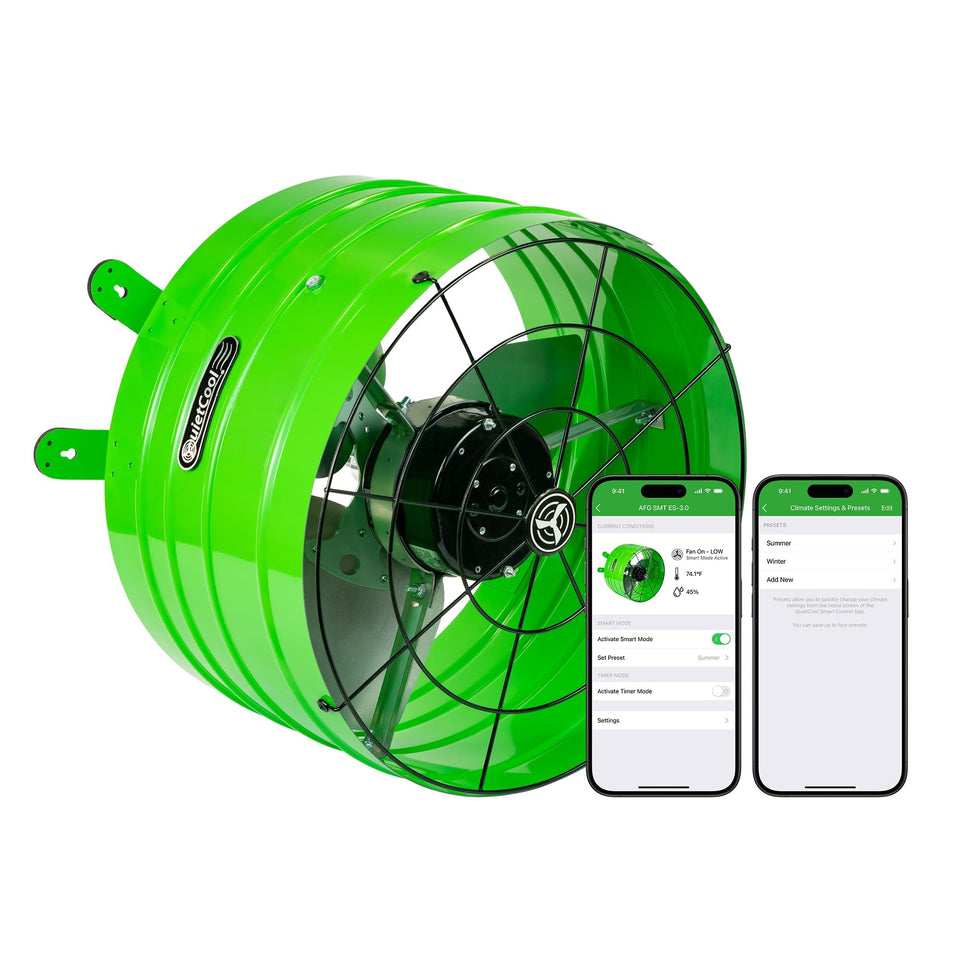 Quietcool AFG SMT ES-3.0 on a gable vent improving attic airflow and comfort.