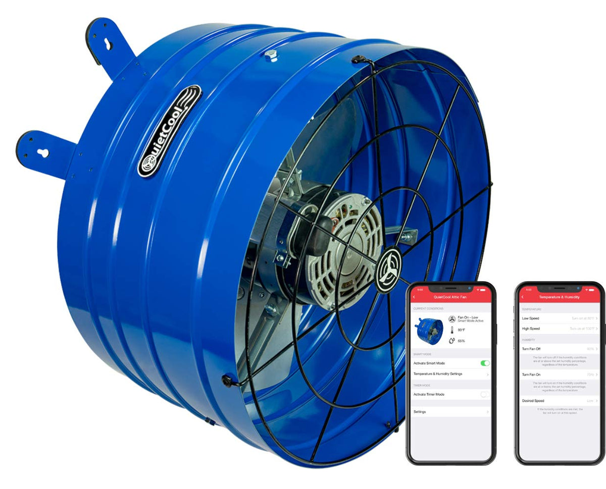Quietcool AFG SMT PRO-2 on a gable vent for efficient attic cooling
