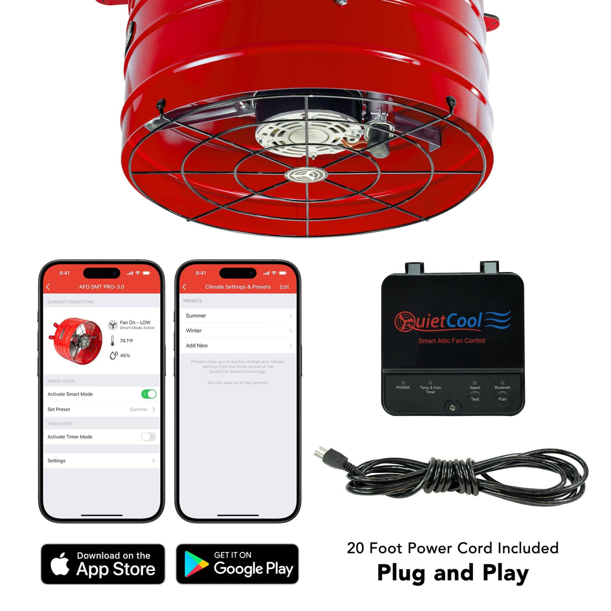 Quietcool AFG SMT PRO-3.0 attic fan top view highlights compact profile for ceiling mounting.