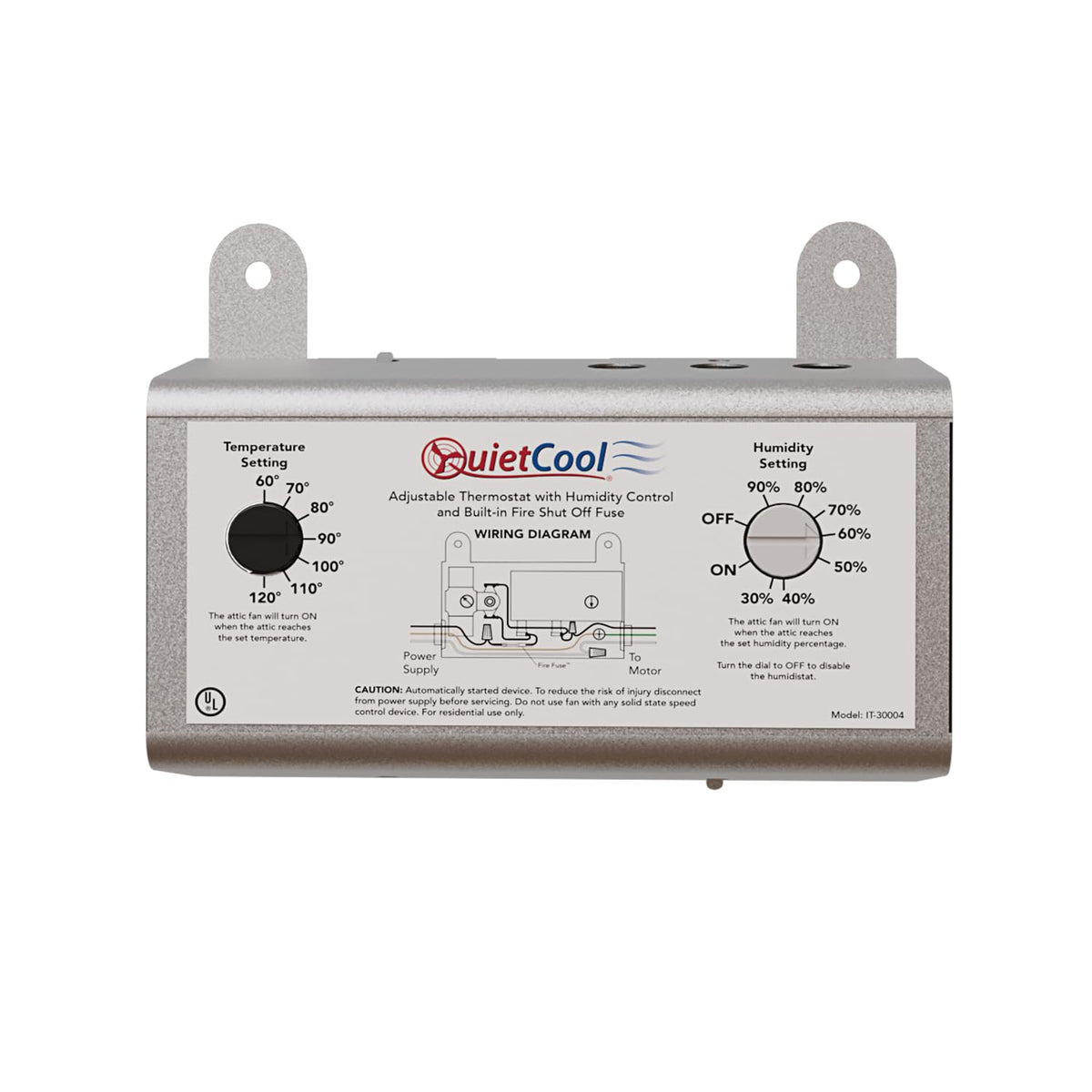 Quietcool attic fan humidistat replacement with adjustable controls for precise temperature and humidity management.