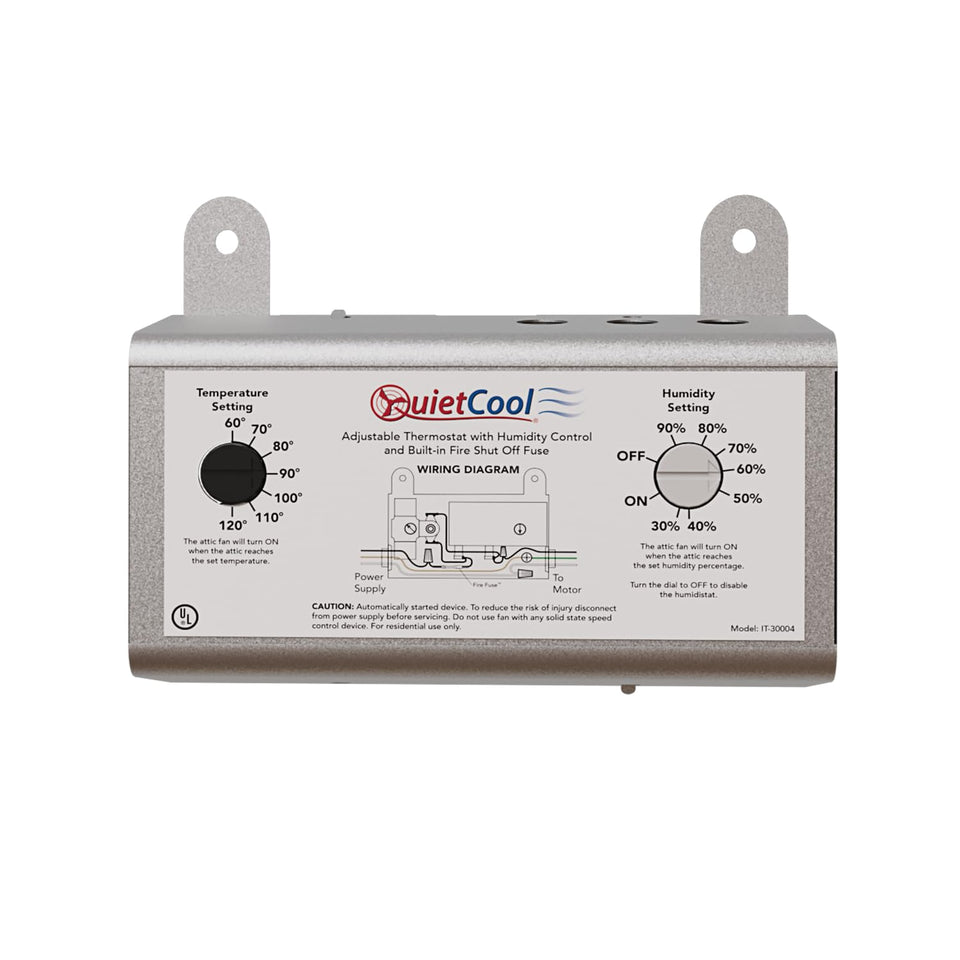 Quietcool attic fan humidistat replacement with adjustable controls for precise temperature and humidity management.