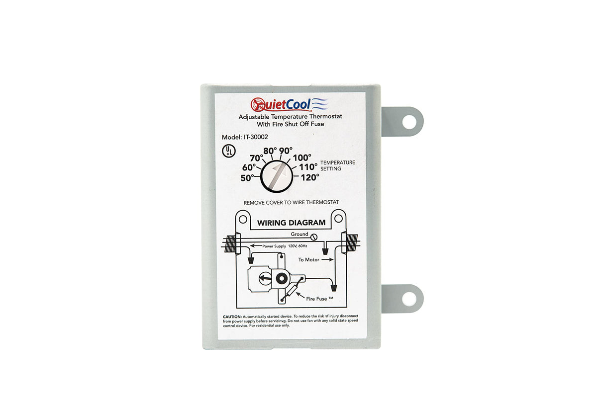 Quietcool attic fan thermostat with adjustable control for precise temperature management.