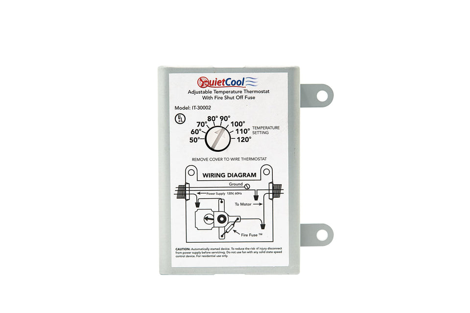 Quietcool attic fan thermostat with adjustable control for precise temperature management.
