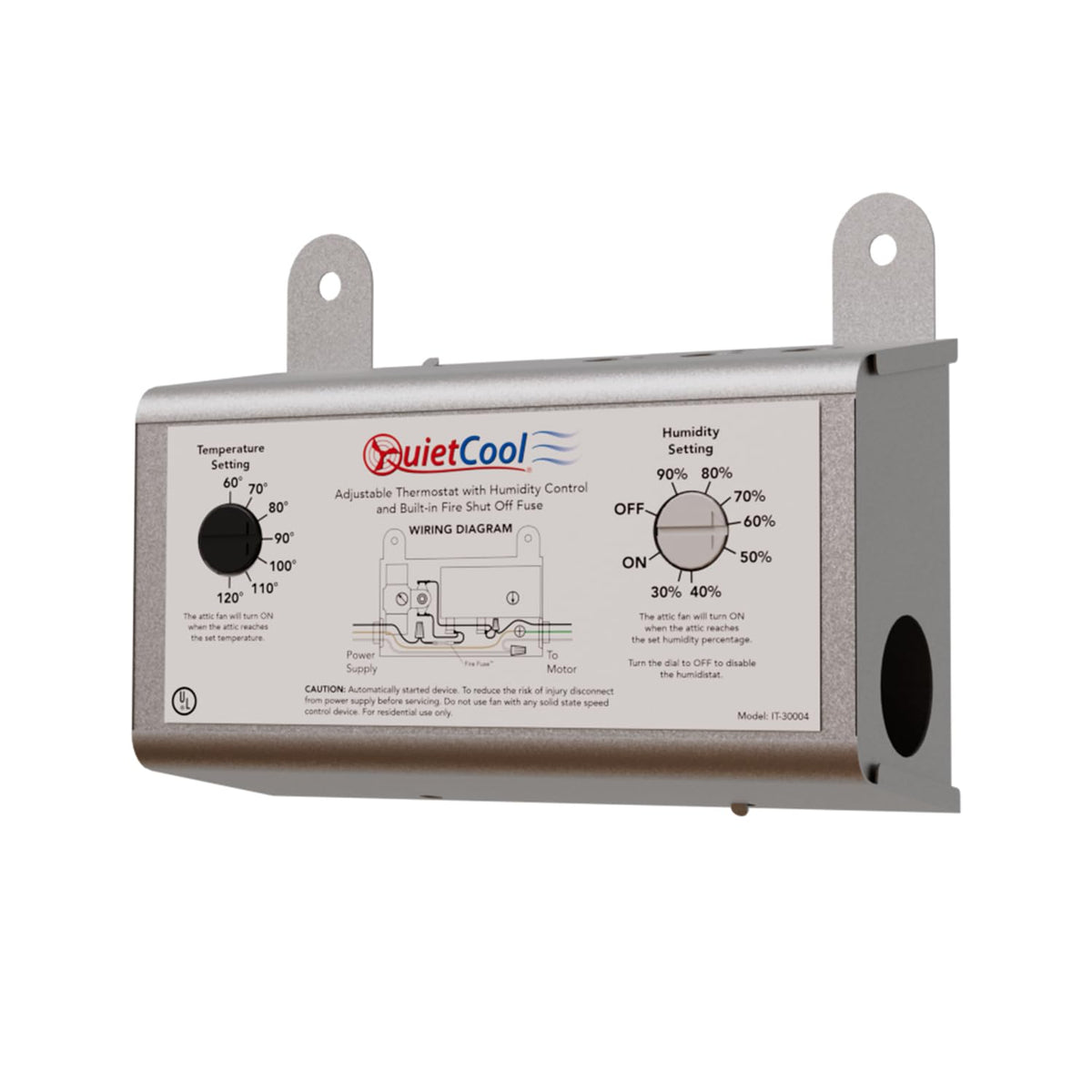 Quietcool adjustable thermostat dial showing 50°F–120°F range to balance attic airflow.