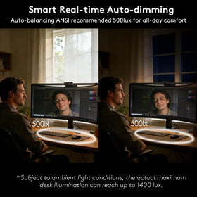 Quntis light bar side tilt adapts to monitor curve for shadow-free desk lighting.