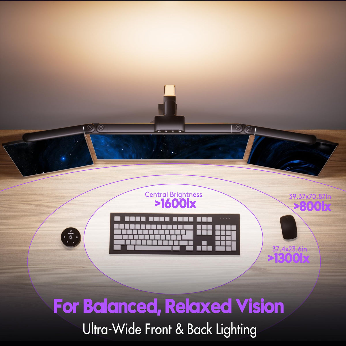 Quntis desk lamp shows front light and ambient backlight for balanced brightness.