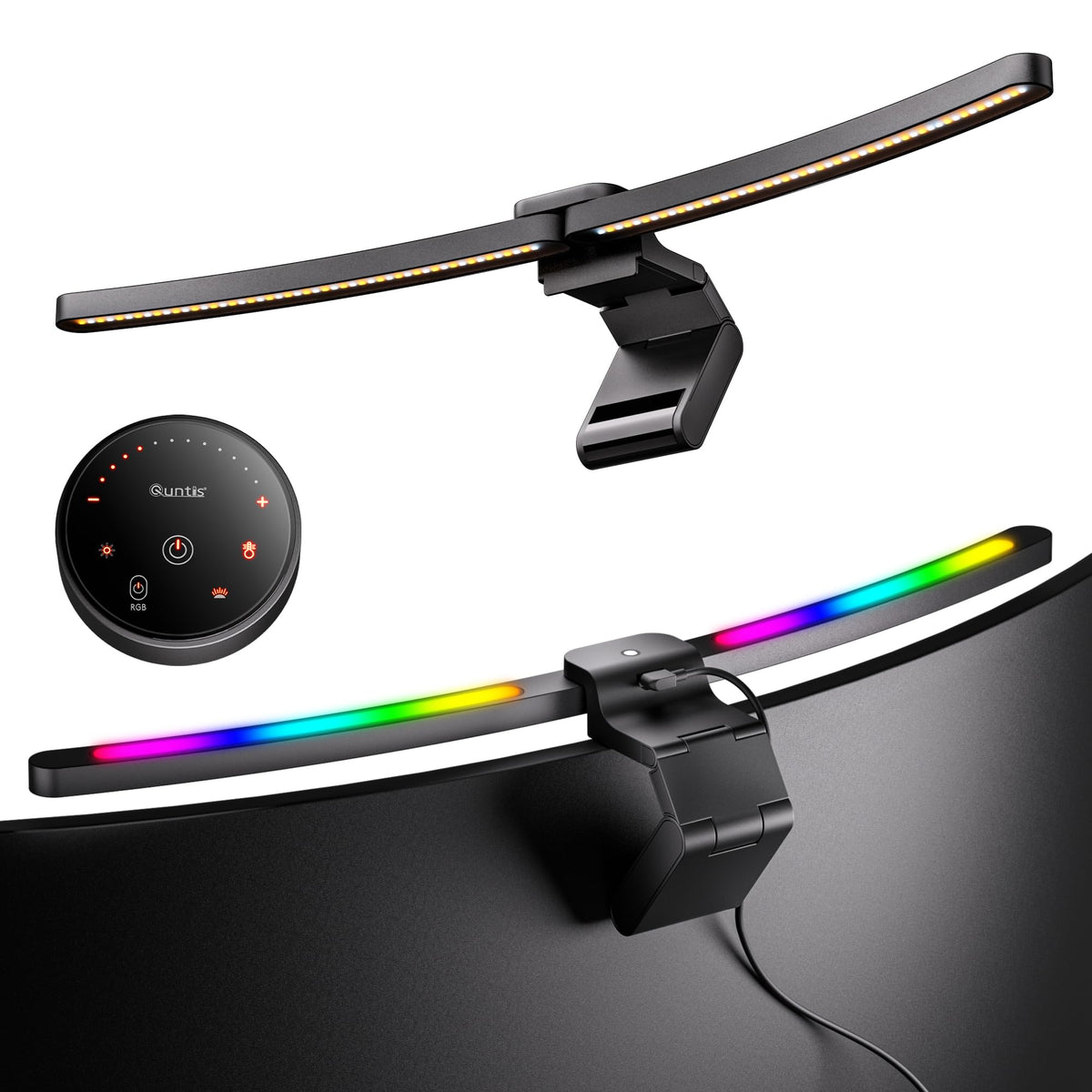 Quntis curved monitor light bar with RGB backlight enhances desk ambience and focus.